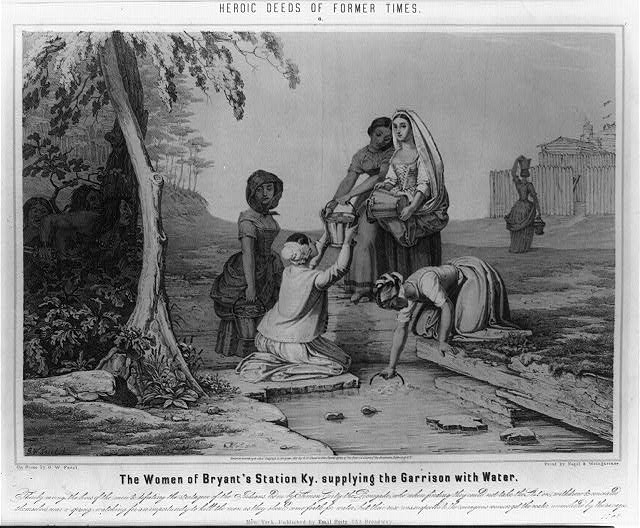 Depicting the women of Bryant's Station getting water while Native Americans, who are about to besiege the settlement watch.